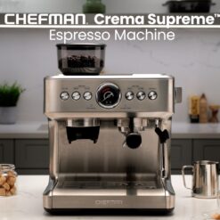 Chefman Crema Supreme Espresso Machine with Conical Burr Grinder and Steam Wand – Stainless Steel, New