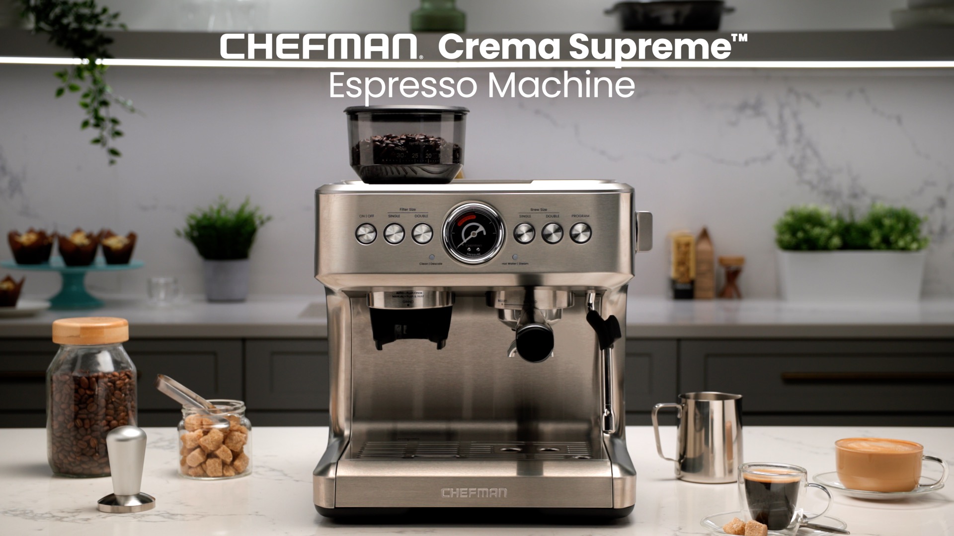 Chefman Crema Supreme Espresso Machine with Conical Burr Grinder and Steam Wand – Stainless Steel, New