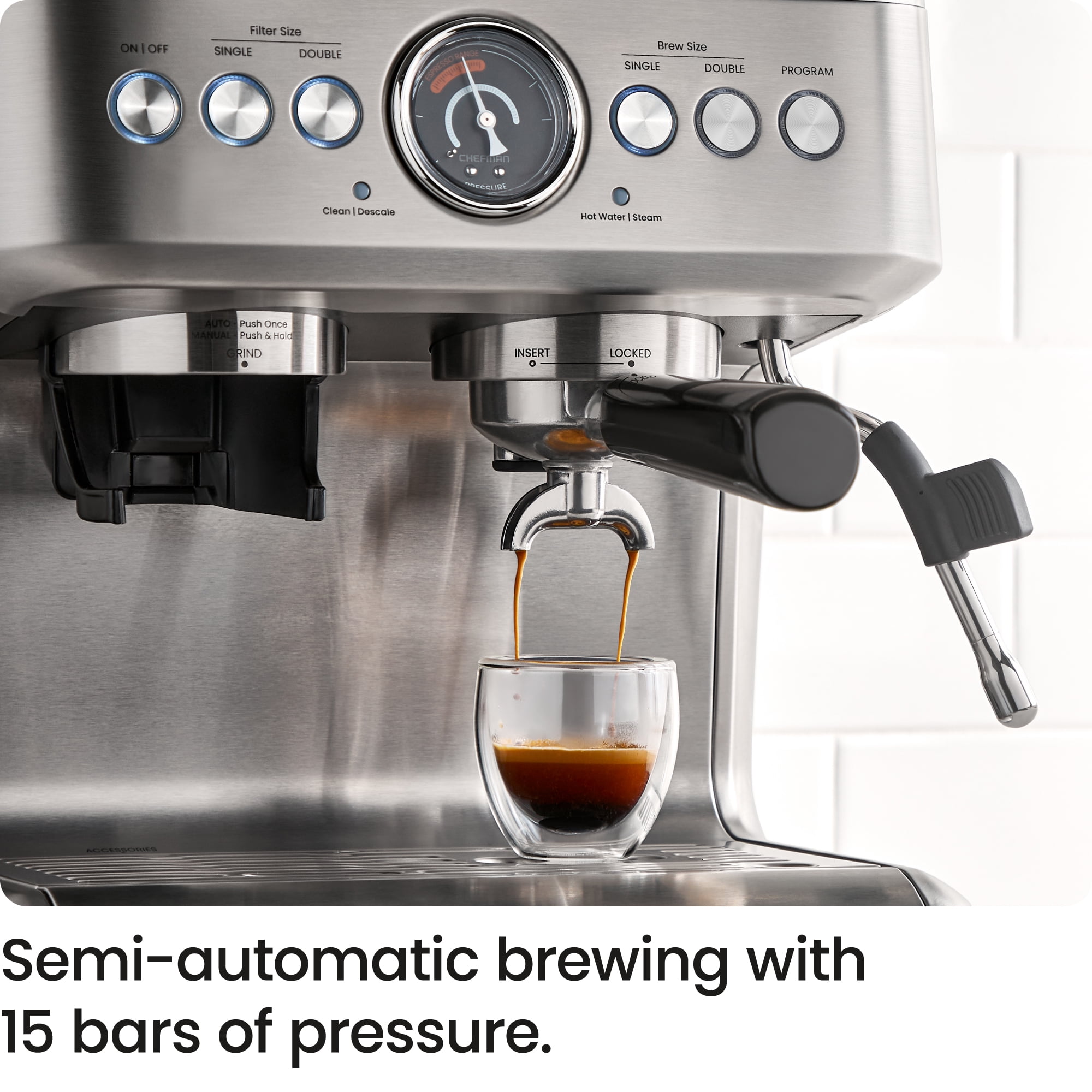 Chefman Crema Supreme Espresso Machine with Conical Burr Grinder and Steam Wand – Stainless Steel, New