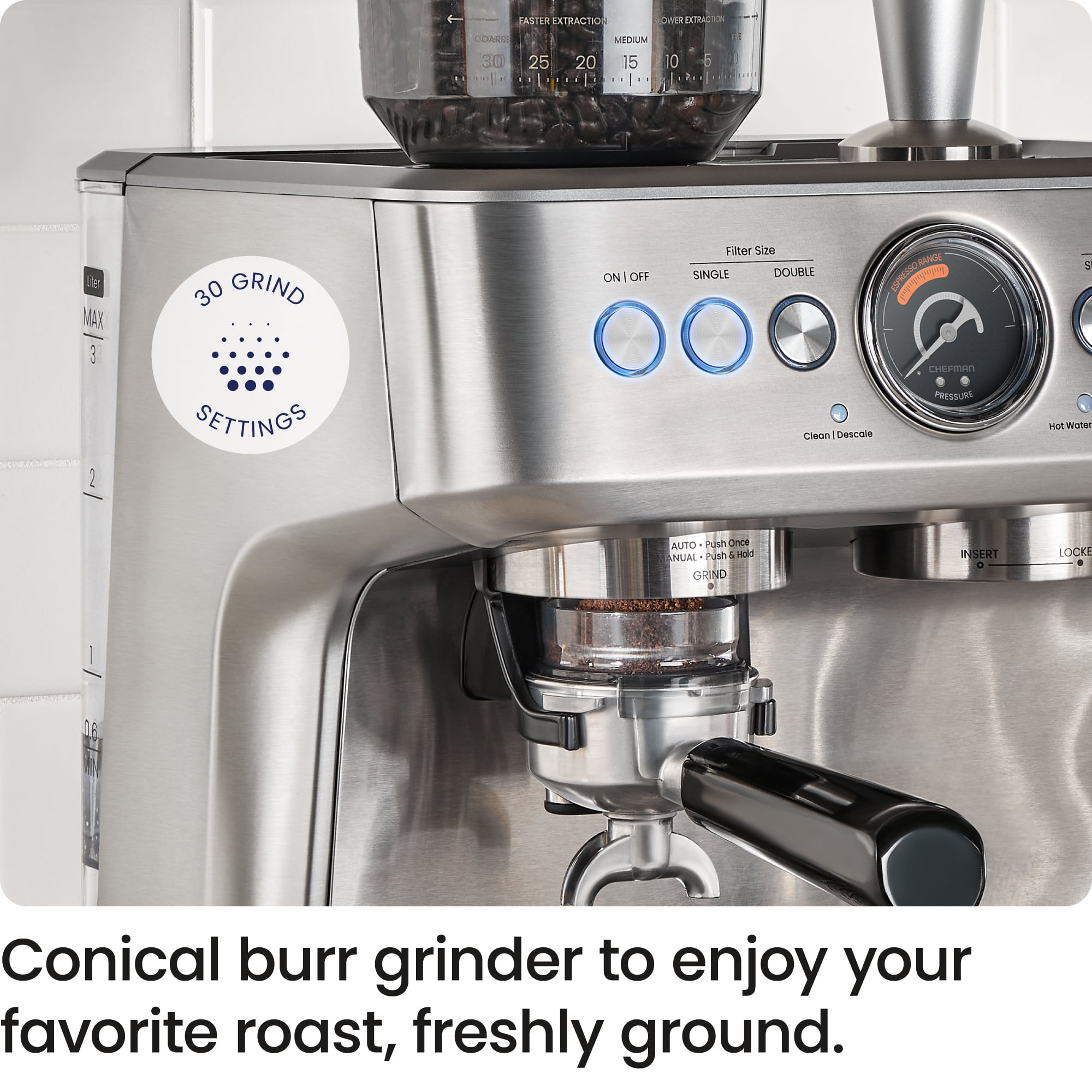 Chefman Crema Supreme Espresso Machine with Conical Burr Grinder and Steam Wand – Stainless Steel, New