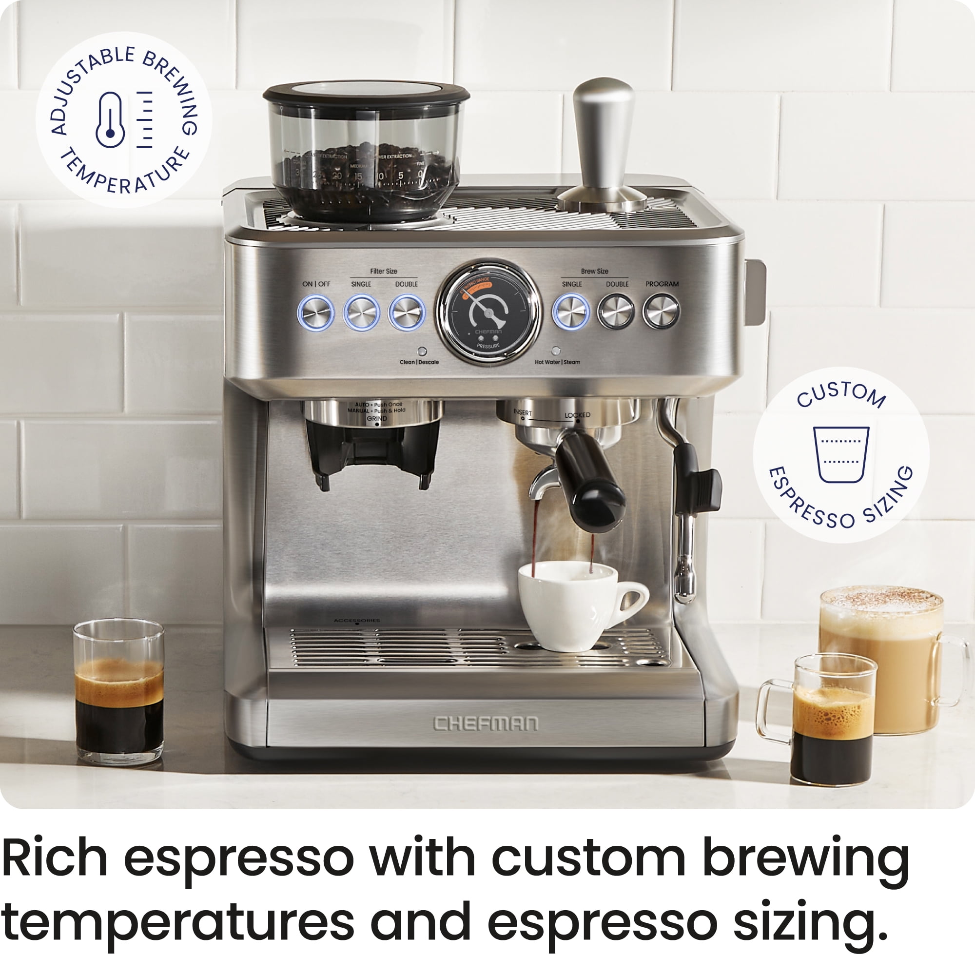 Chefman Crema Supreme Espresso Machine with Conical Burr Grinder and Steam Wand – Stainless Steel, New