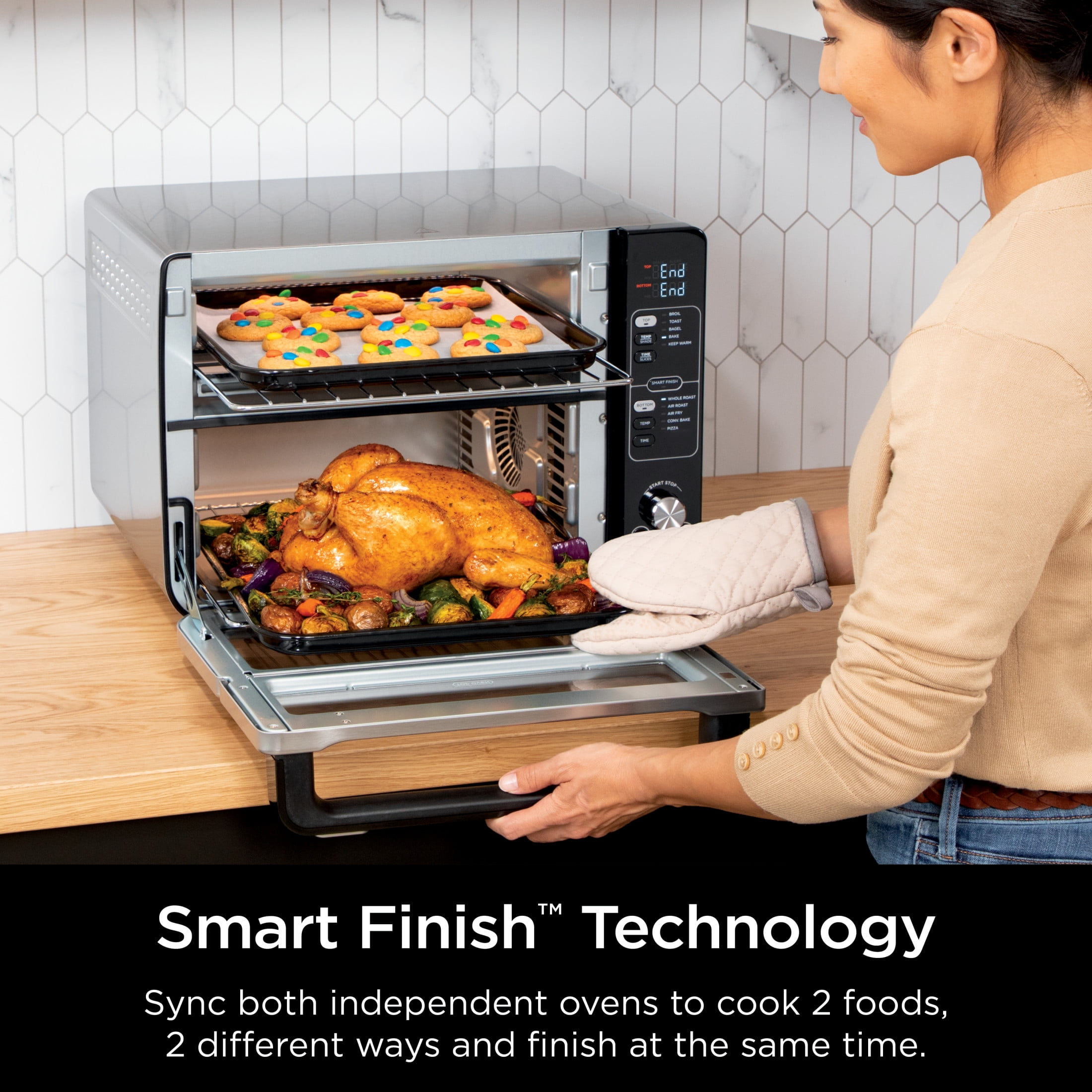 Ninja 10-in-1 Air Fryer, Double Door Toaster Oven with FlexDoor, FlavorSeal & Smart Finish, Rapid Top Convection and Air Fry Bottom, Bake, Toast, Air Fry, Pizza and More, Stainless Steel, DCT400