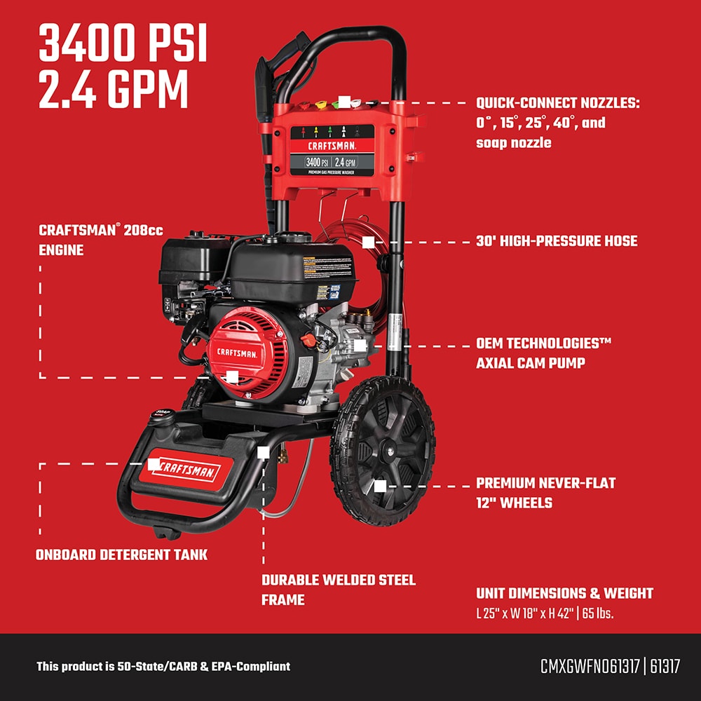 CRAFTSMAN Craftsman (50-State) 3400-PSI 2.4-GPM Cold Water Gas Pressure washer with 4 Spray Tips
