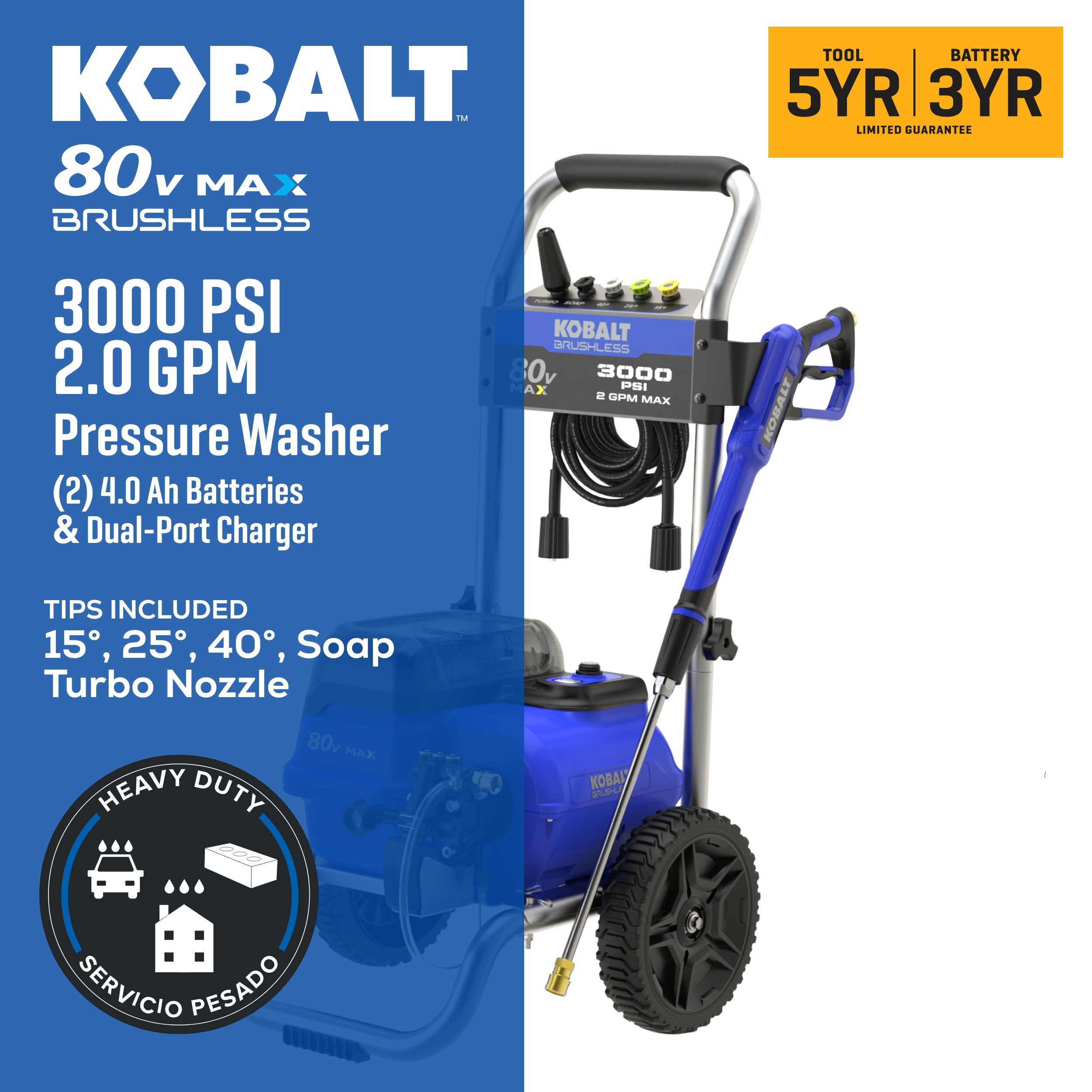 Kobalt 3000-PSI 2-GPM Cold Water Battery Pressure washer with 5 Spray Tips 4 Ah (Battery Included) (Charger Included)