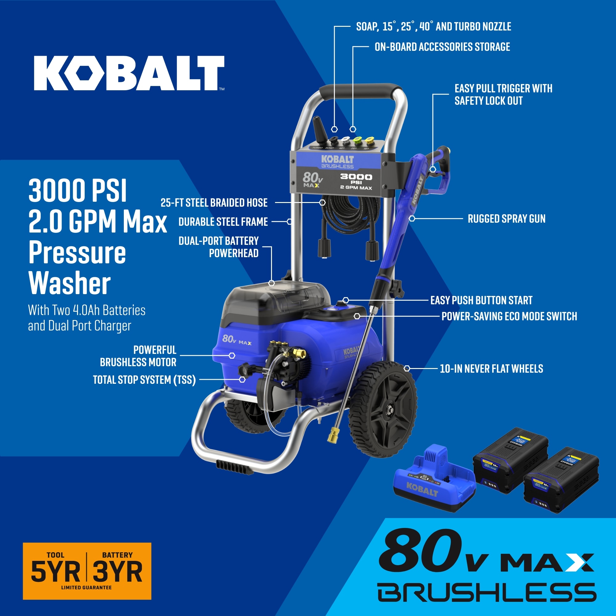 Kobalt 3000-PSI 2-GPM Cold Water Battery Pressure washer with 5 Spray Tips 4 Ah (Battery Included) (Charger Included)