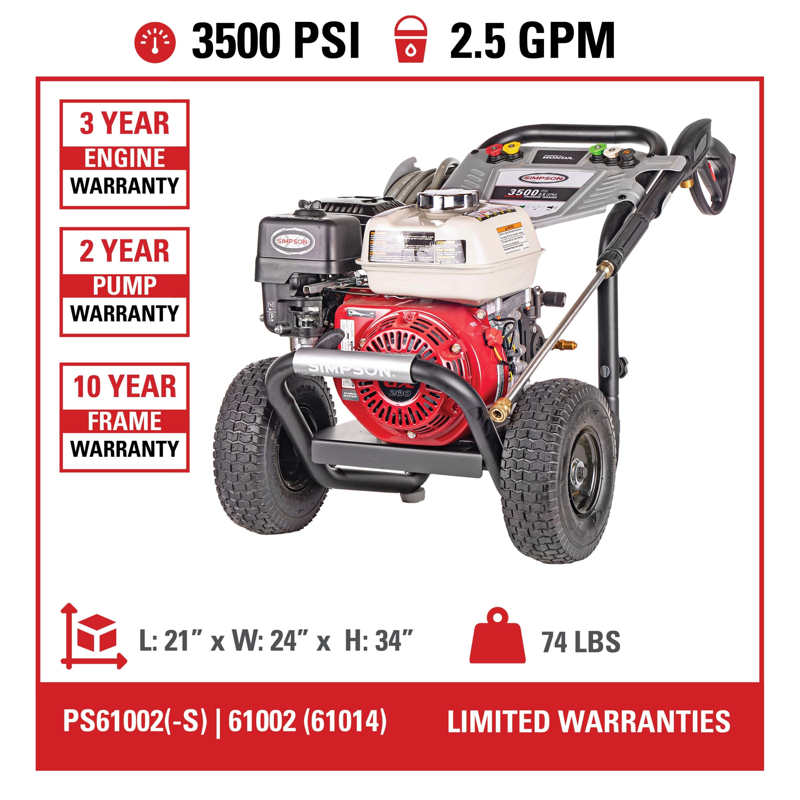SIMPSON 49-State Powershot 3500-PSI 2.5-GPM Cold Water Gas Pressure washer with 4 Spray Tips