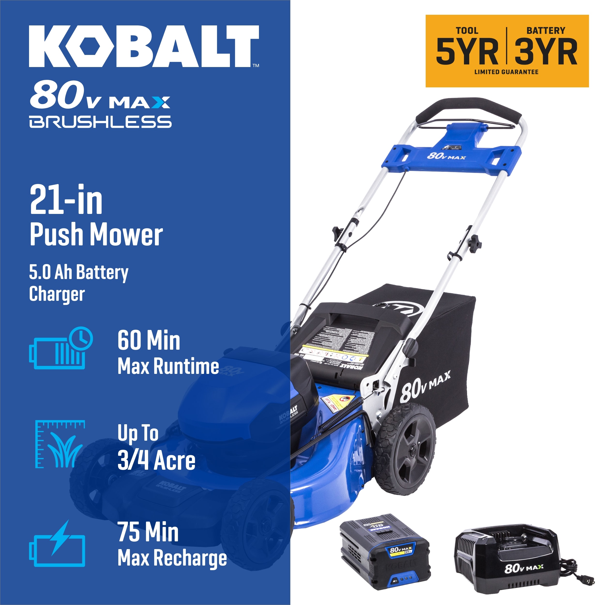 Kobalt 80-volt, 21-in Push Battery Walk Mower with (1) 5 Ah Battery Included