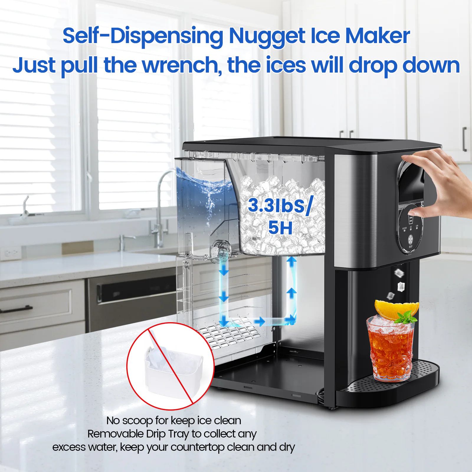 COWSAR 33-lb Ice Storage 44-lb Ice Per day Countertop or portable Nugget/Pebble Ice Maker (Black Stainless Steel)