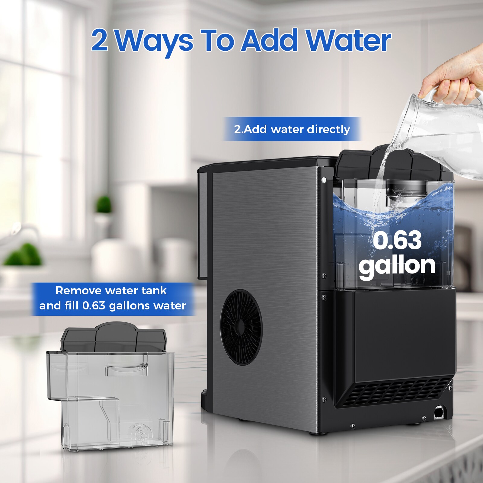 COWSAR 33-lb Ice Storage 44-lb Ice Per day Countertop or portable Nugget/Pebble Ice Maker (Black Stainless Steel)