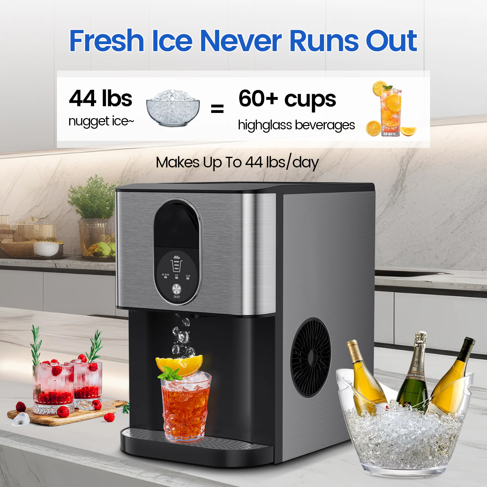COWSAR 33-lb Ice Storage 44-lb Ice Per day Countertop or portable Nugget/Pebble Ice Maker (Black Stainless Steel)