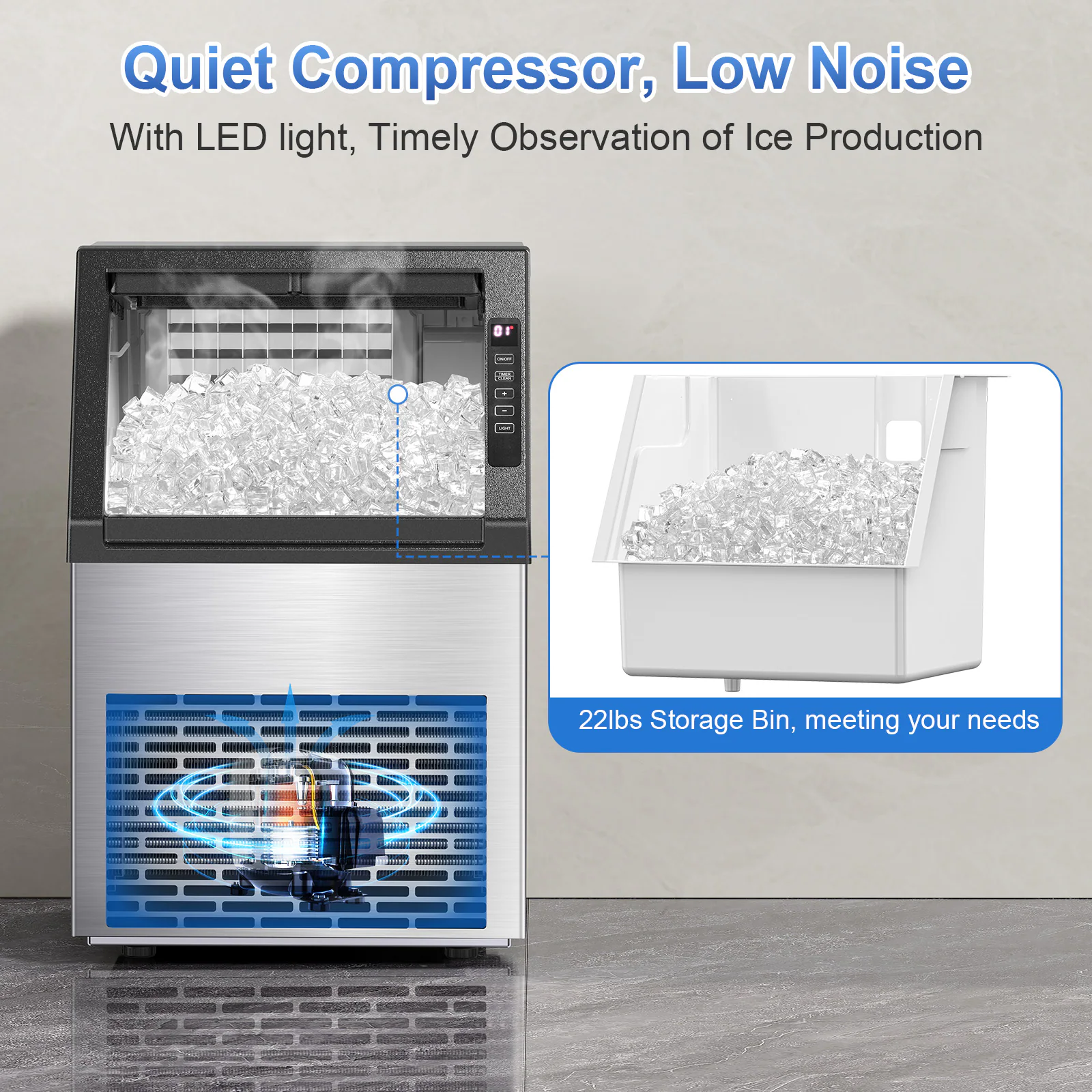COWSAR 22-lb Ice Storage 80-lb Ice Per day Cubed Ice Maker (Stainless Steel)