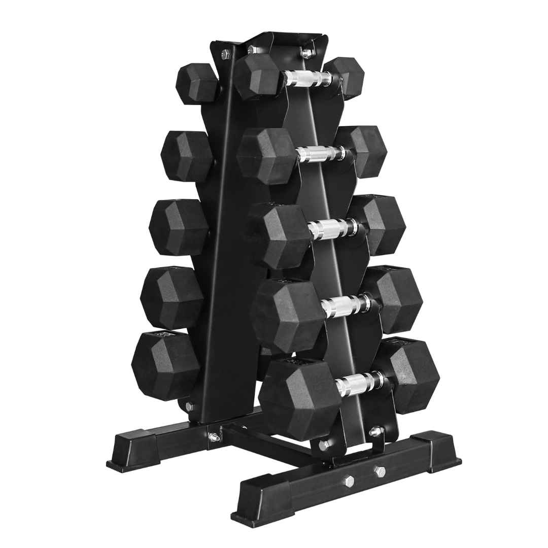 BalanceFrom 150LB Coated Hex Dumbbell Weight Set and A-Frame Storage Rack, 5-25 lbs Pairs