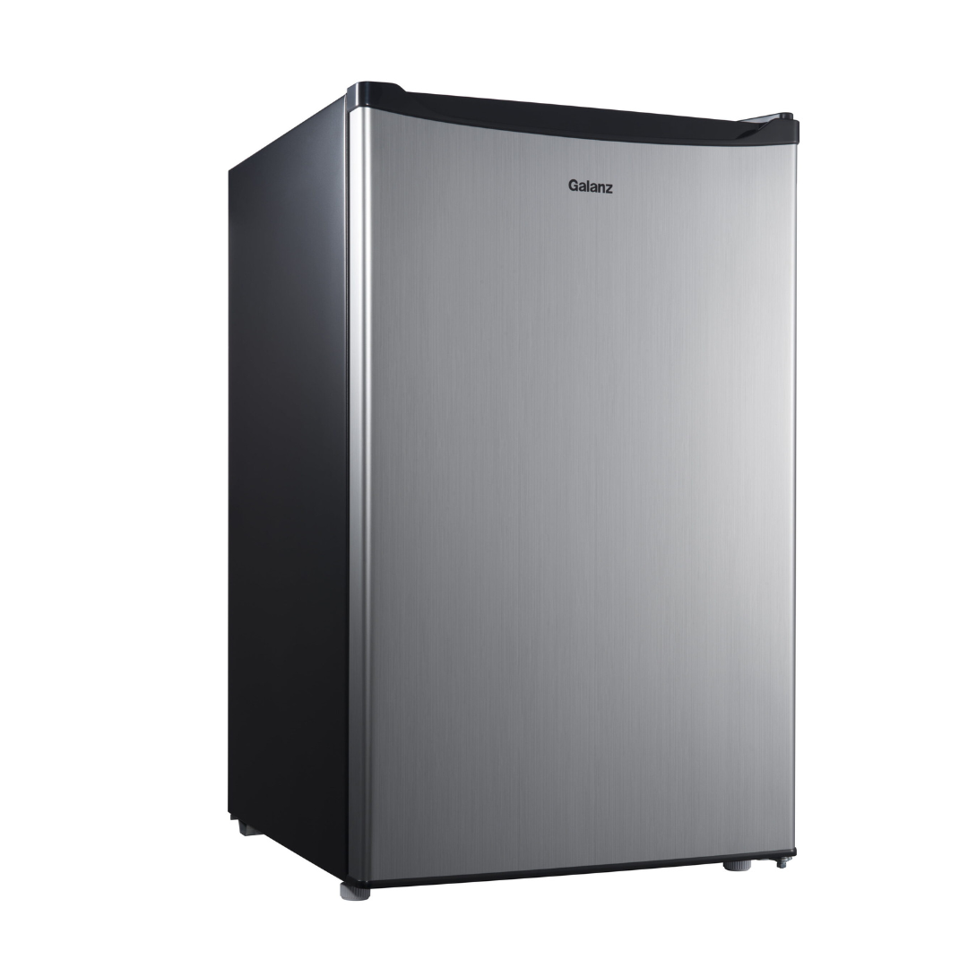 Galanz 4.3 Cu ft Single Door Mini Fridge, Stainless Steel Look, New, Width 19.12"