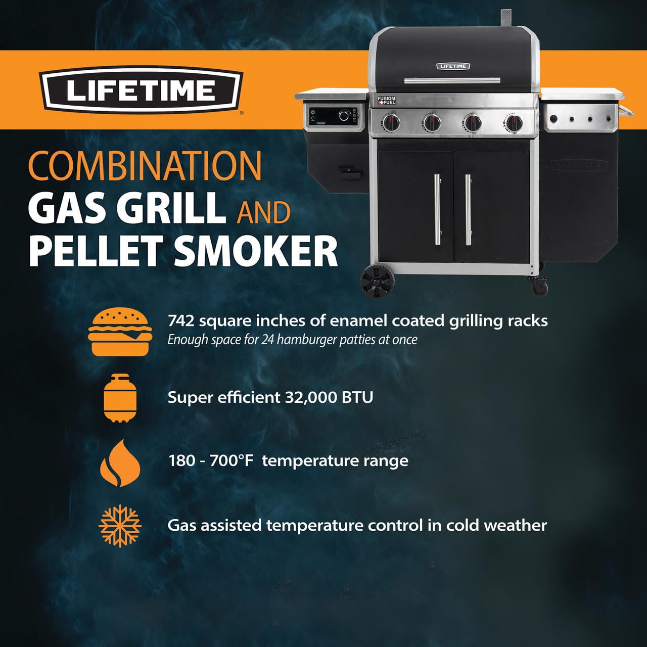 Lifetime 4 Burner Gas Grill and Wood Pellet Smoker Combo