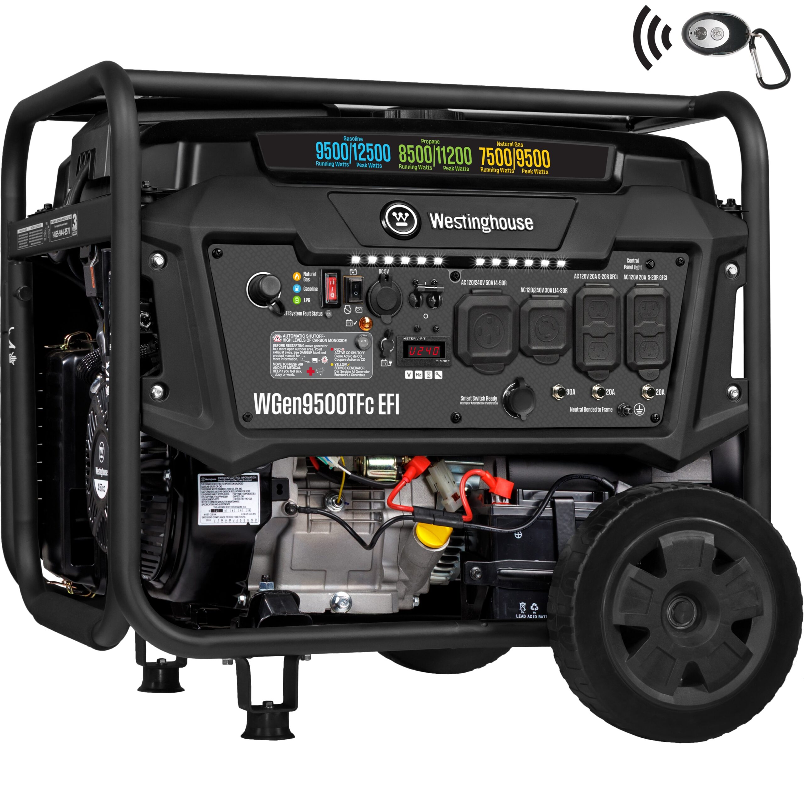 Westinghouse WGen9500TFc EFI 50 State Remote Electric Start 12500 / 9500 -Watt Tri fuel Portable Generator