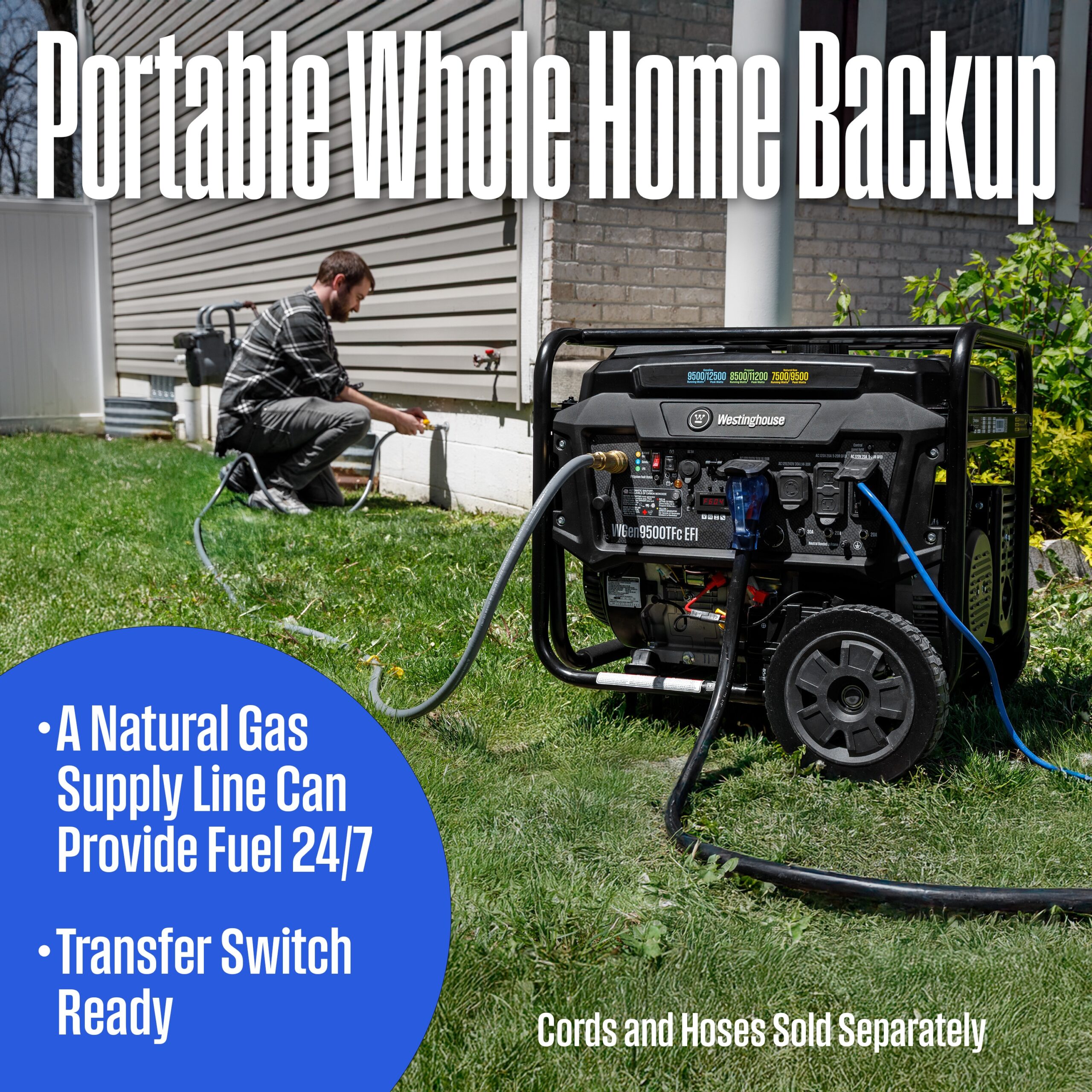 Westinghouse WGen9500TFc EFI 50 State Remote Electric Start 12500 / 9500 -Watt Tri fuel Portable Generator