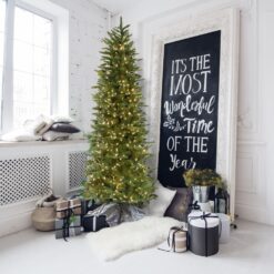 Fraser Hill Farm 9-ft Carmel pine Pre-lit Slim Artificial Christmas Tree with Clear Incandescent Lights