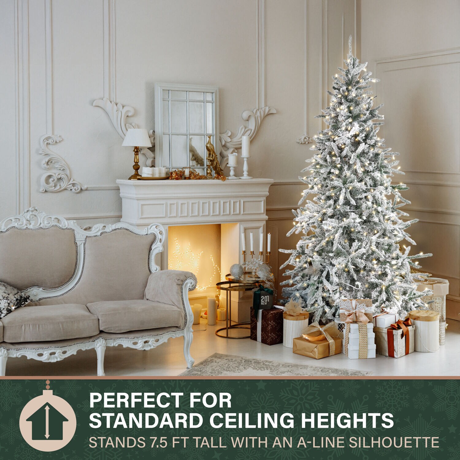 Fraser Hill Farm 7.5-ft Mountain pine Pre-lit Flocked Artificial Christmas Tree with White LED Lights