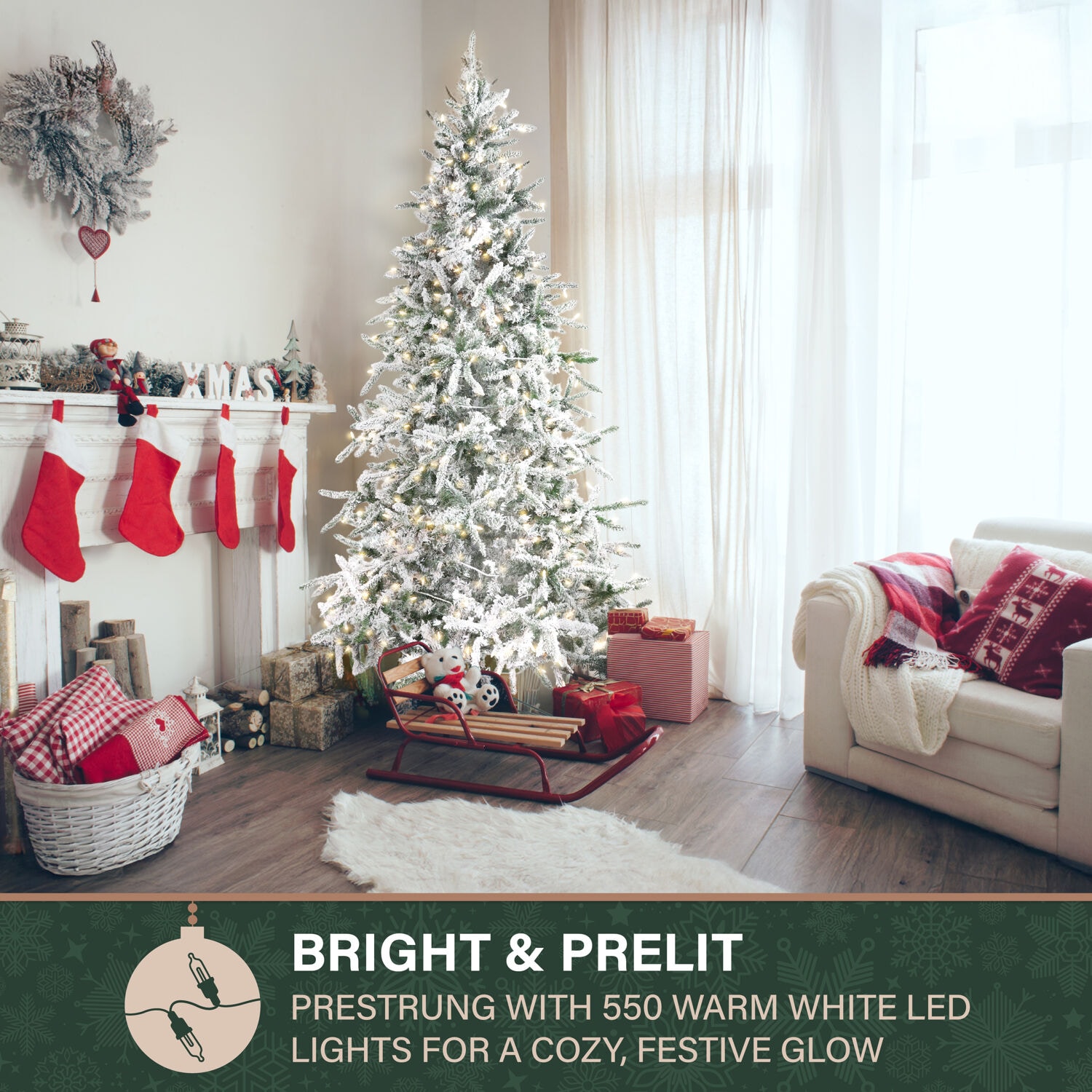 Fraser Hill Farm 7.5-ft Mountain pine Pre-lit Flocked Artificial Christmas Tree with White LED Lights