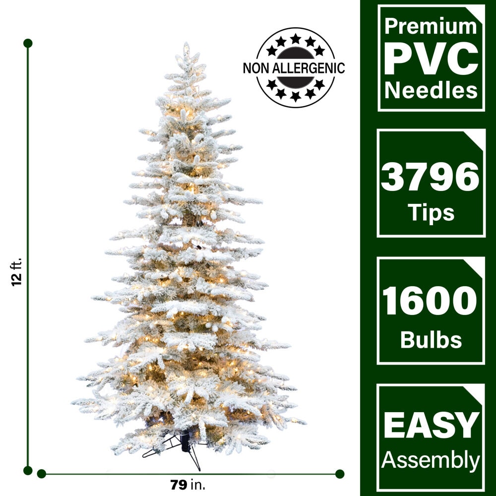 Fraser Hill Farm 12-ft Valley pine Pre-lit Flocked White Artificial Christmas Tree with White LED Lights