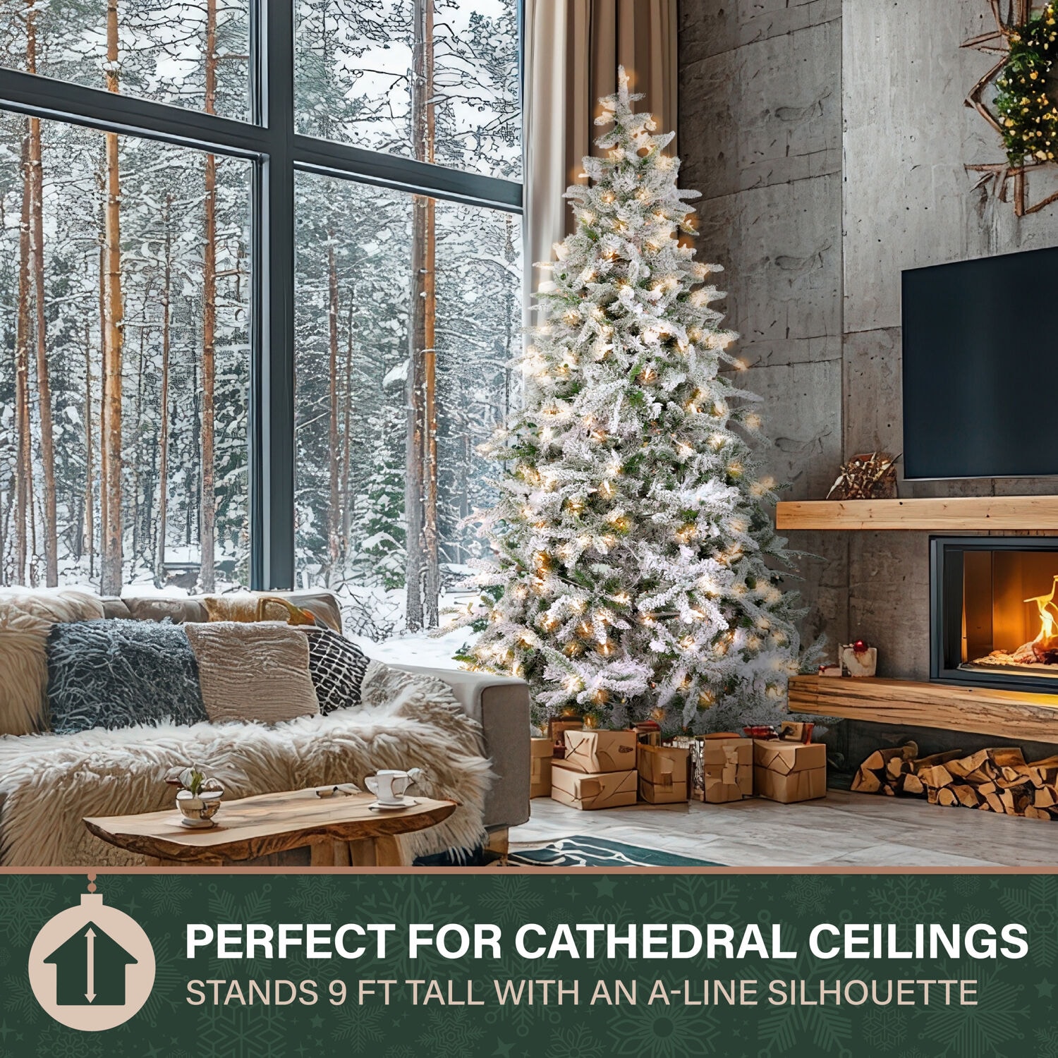 Fraser Hill Farm 9-ft Mountain pine Pre-lit Flocked Artificial Christmas Tree with White LED Lights