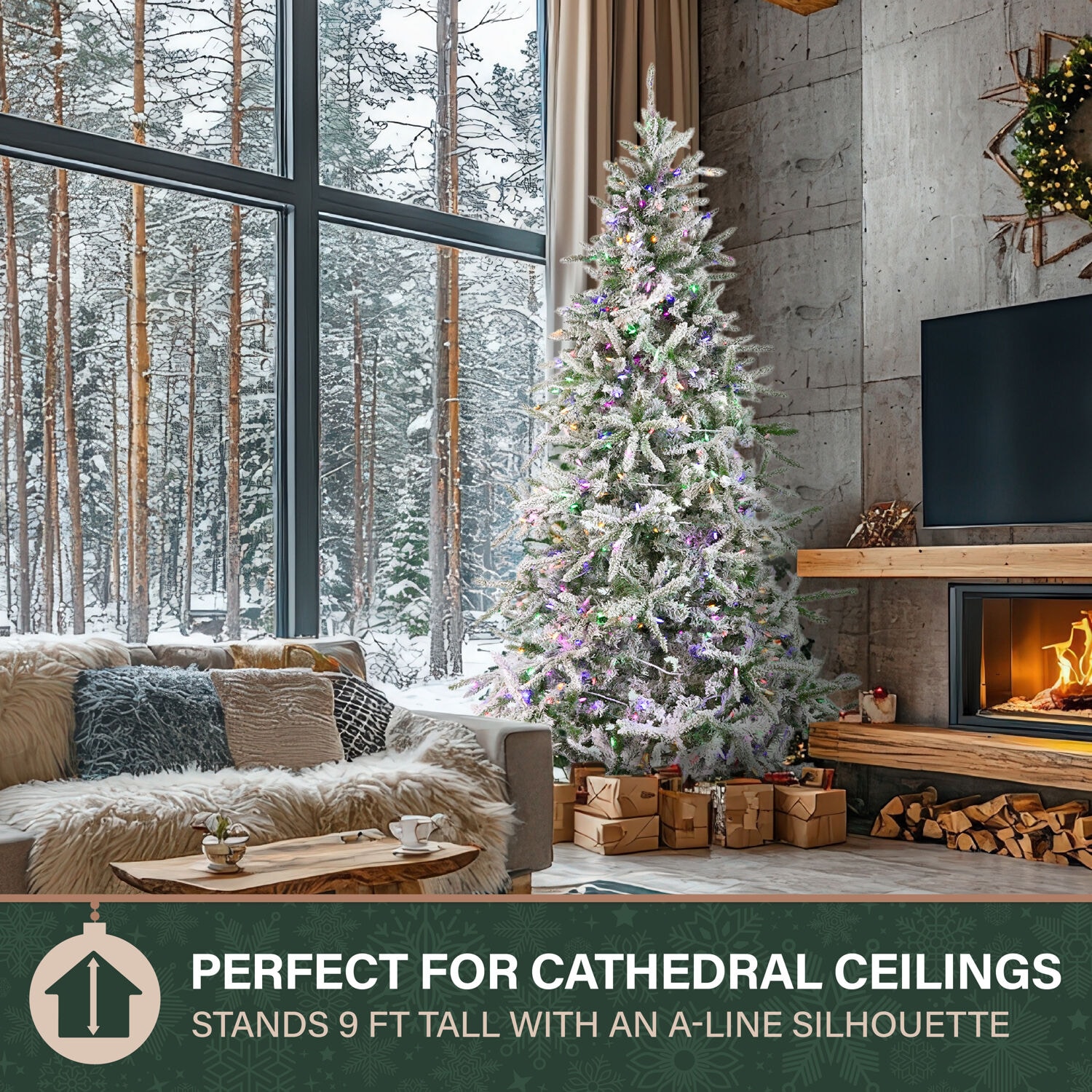 Fraser Hill Farm 9-ft Mountain pine Pre-lit Flocked White Artificial Christmas Tree with Multicolor LED Lights