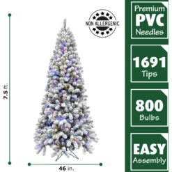 Fraser Hill Farm 7.5-ft Alaskan pine Pre-lit Flocked White Artificial Christmas Tree LED Lights