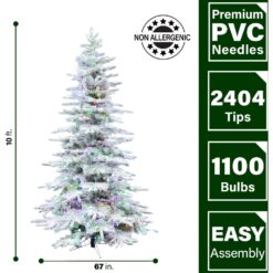 Fraser Hill Farm 10-ft Mountain pine Pre-lit Flocked White Artificial Christmas Tree LED Lights