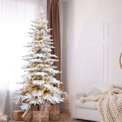 Fraser Hill Farm 9-ft Valley pine Pre-lit Flocked White Artificial Christmas Tree LED Lights