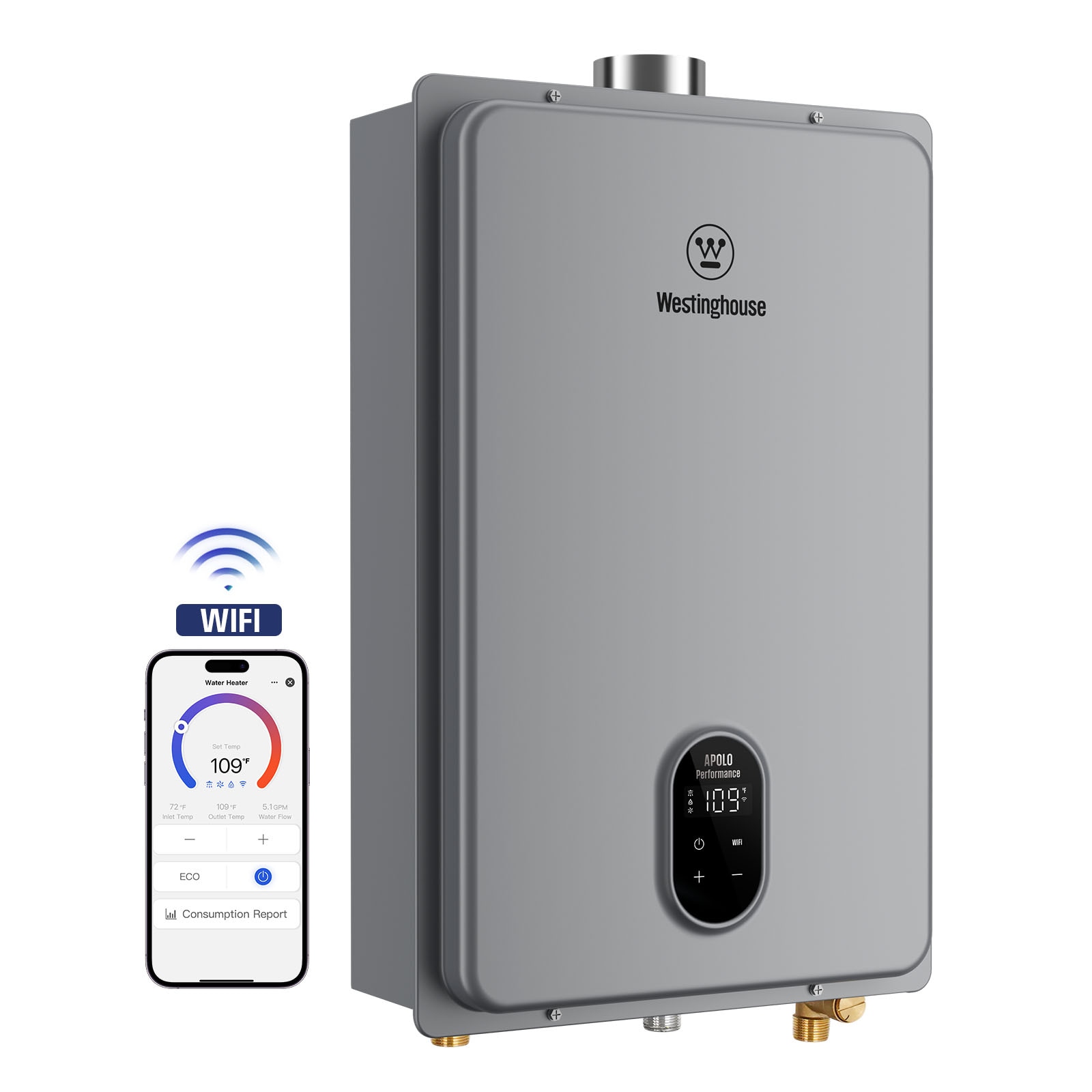 Westinghouse Apolo Performance Propane Gas Tankless Water Heater 120,000 BTU, Up to 5.1 GPM Instant Hot Water Heater NG, Smart WIFI Enabled, Indoor, 120V, CSA Certified, Gray