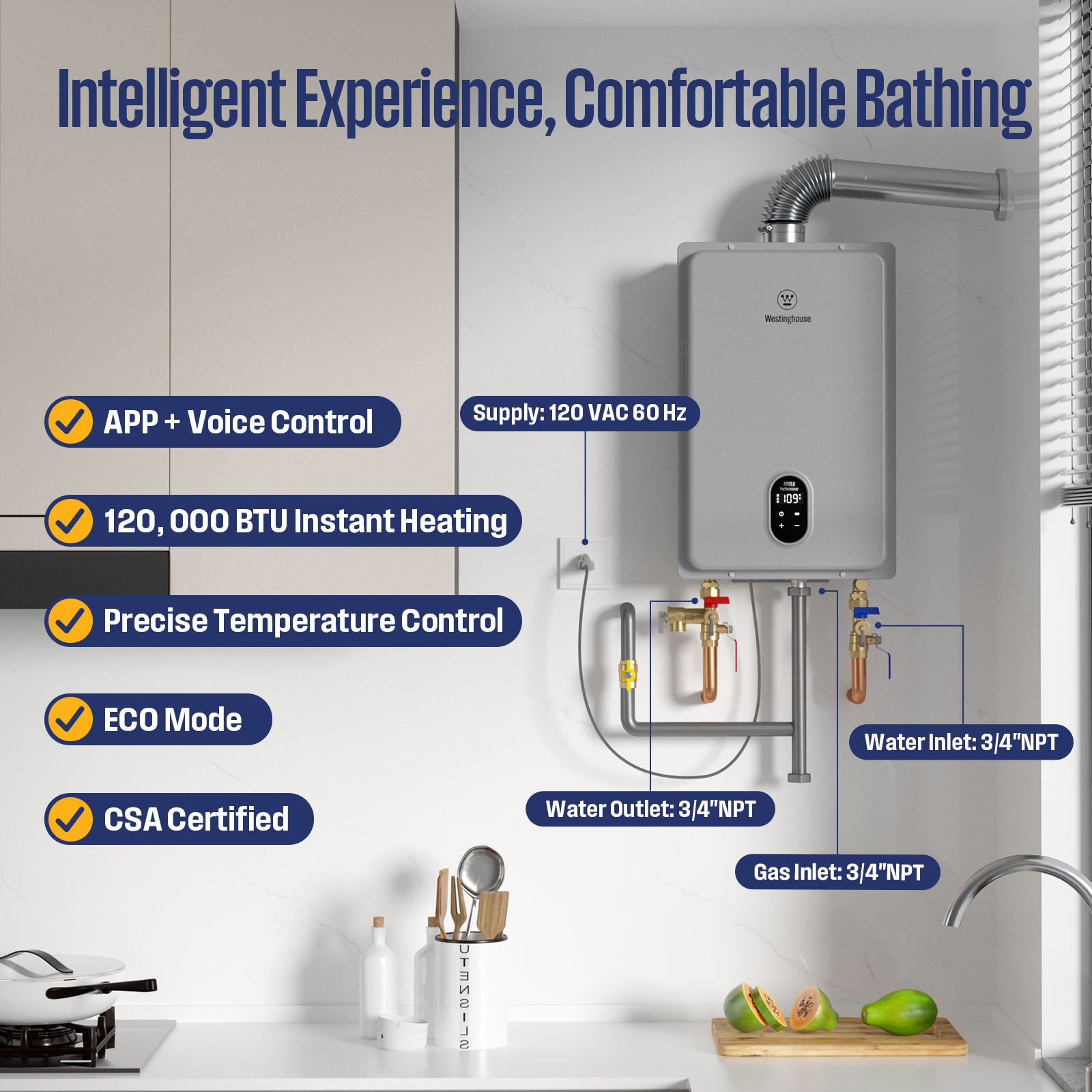 Westinghouse Apolo Performance Propane Gas Tankless Water Heater 120,000 BTU, Up to 5.1 GPM Instant Hot Water Heater NG, Smart WIFI Enabled, Indoor, 120V, CSA Certified, Gray