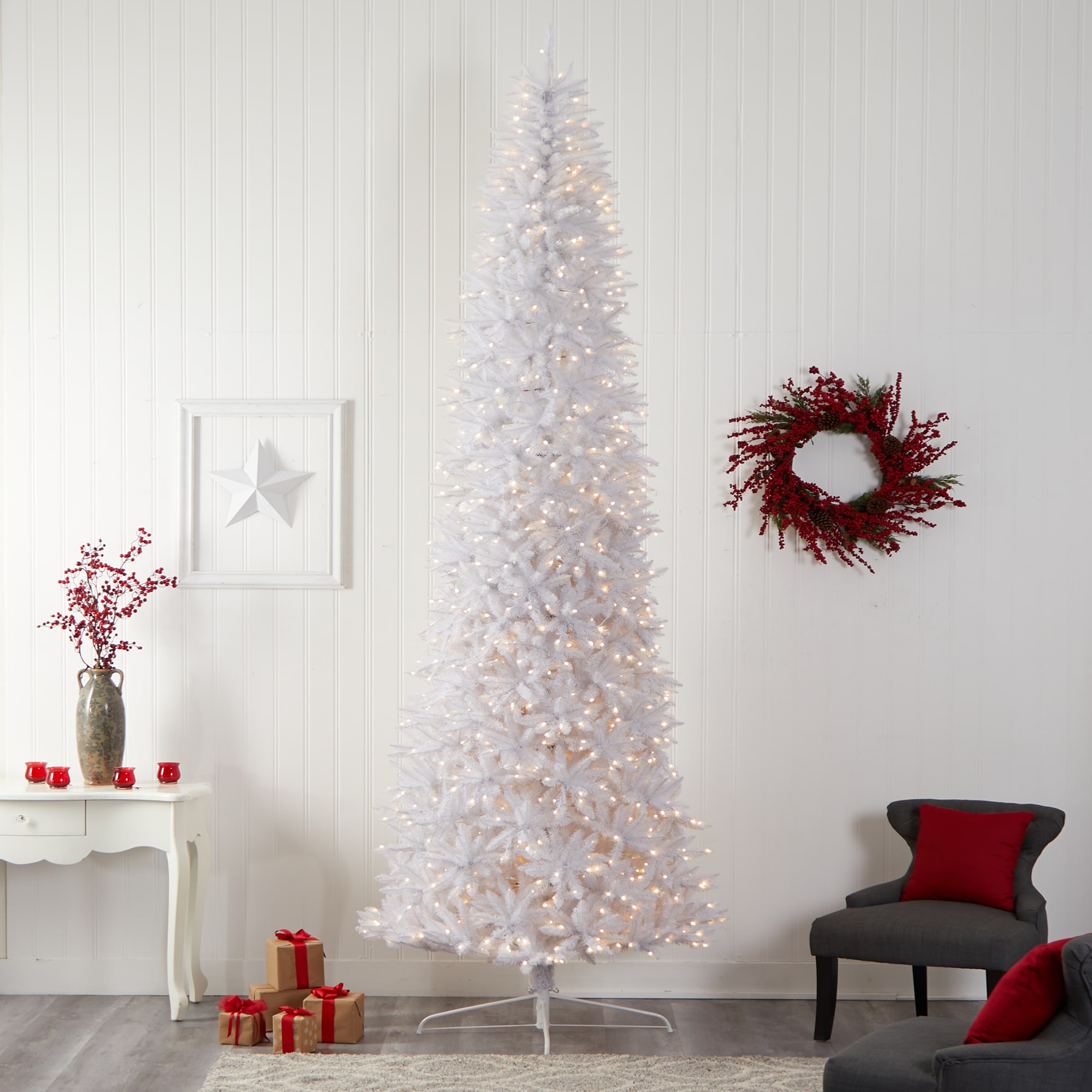 Nearly Natural 12-ft Douglas fir Pre-lit Slim White Artificial Christmas Tree with White LED Lights