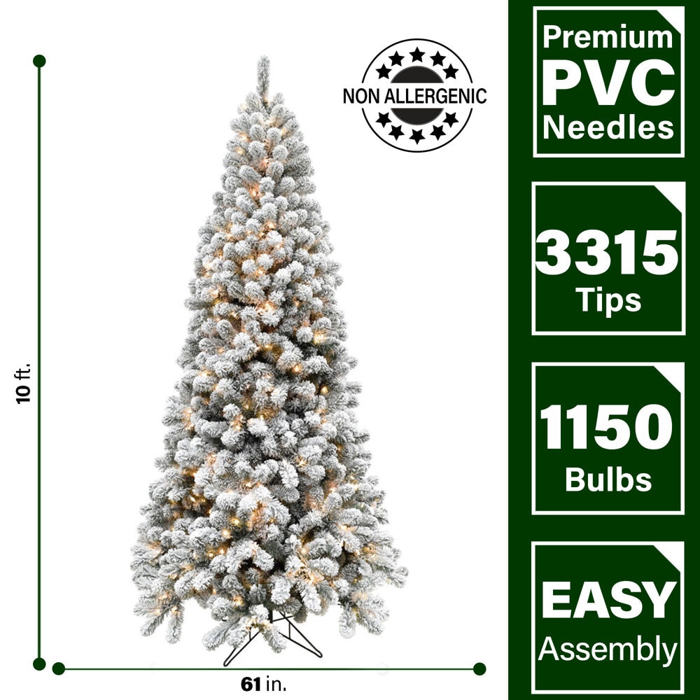 Fraser Hill Farm 10-ft Alaskan pine Pre-lit Flocked Artificial Christmas Tree with Clear Incandescent Lights