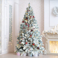 VEIKOUS 7.5-ft Pine Pre-lit Flocked White Artificial Christmas Tree with White LED Lights