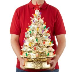 Casafield 24-in Hand Painted Ceramic Christmas Tree - Gold Pre-Lit Tree w/ Star