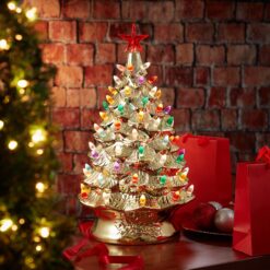 Casafield 24-in Hand Painted Ceramic Christmas Tree - Gold Pre-Lit Tree w/ Star