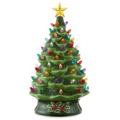 Casafield 24-in Hand Painted Ceramic Christmas Tree - Green Pre-Lit Tree w/ Star