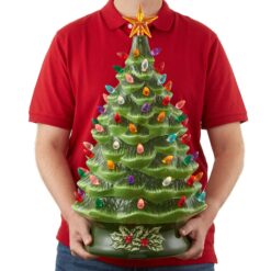Casafield 24-in Hand Painted Ceramic Christmas Tree - Green Pre-Lit Tree w/ Star