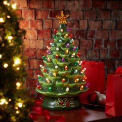 Casafield 24-in Hand Painted Ceramic Christmas Tree - Green Pre-Lit Tree w/ Star