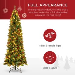 Best Choice Products Pre-Lit Pencil Christmas Tree Pre-Decorated Holiday Accent w/ Base