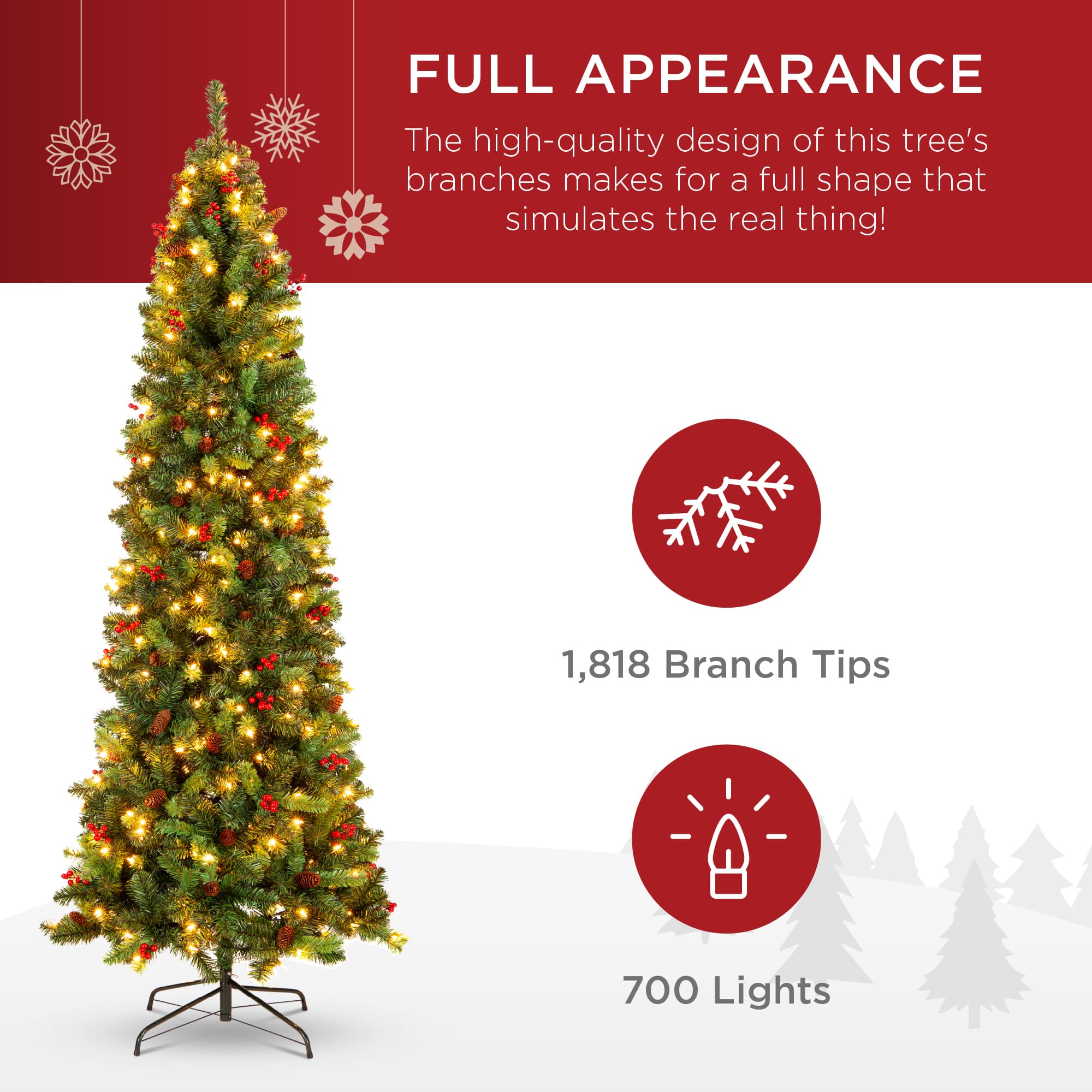 Best Choice Products Pre-Lit Pencil Christmas Tree Pre-Decorated Holiday Accent w/ Base