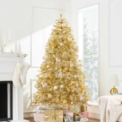 Best Choice Products Prelit Artificial Tinsel Christmas Tree Festive Holiday Decoration w/ Stand - Gold