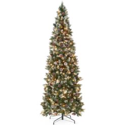 Best Choice Products Pre-Lit Partially Flocked Pencil Christmas Tree w/ Pine Cones Foldable Stand