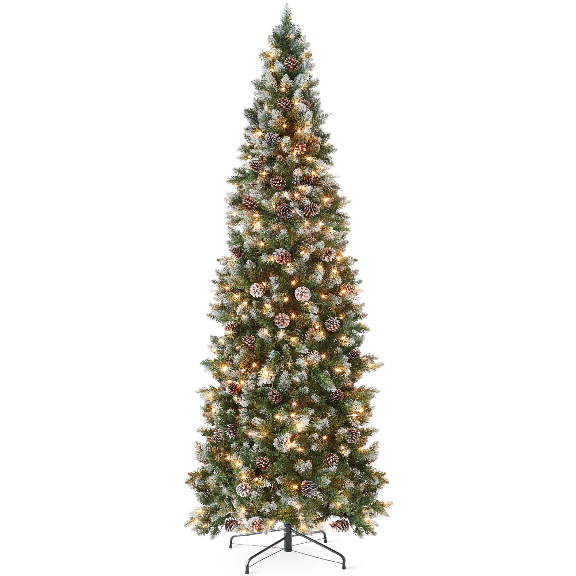 Best Choice Products Pre-Lit Partially Flocked Pencil Christmas Tree w/ Pine Cones Foldable Stand