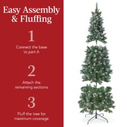 Best Choice Products Pre-Lit Partially Flocked Pencil Christmas Tree w/ Pine Cones Foldable Stand