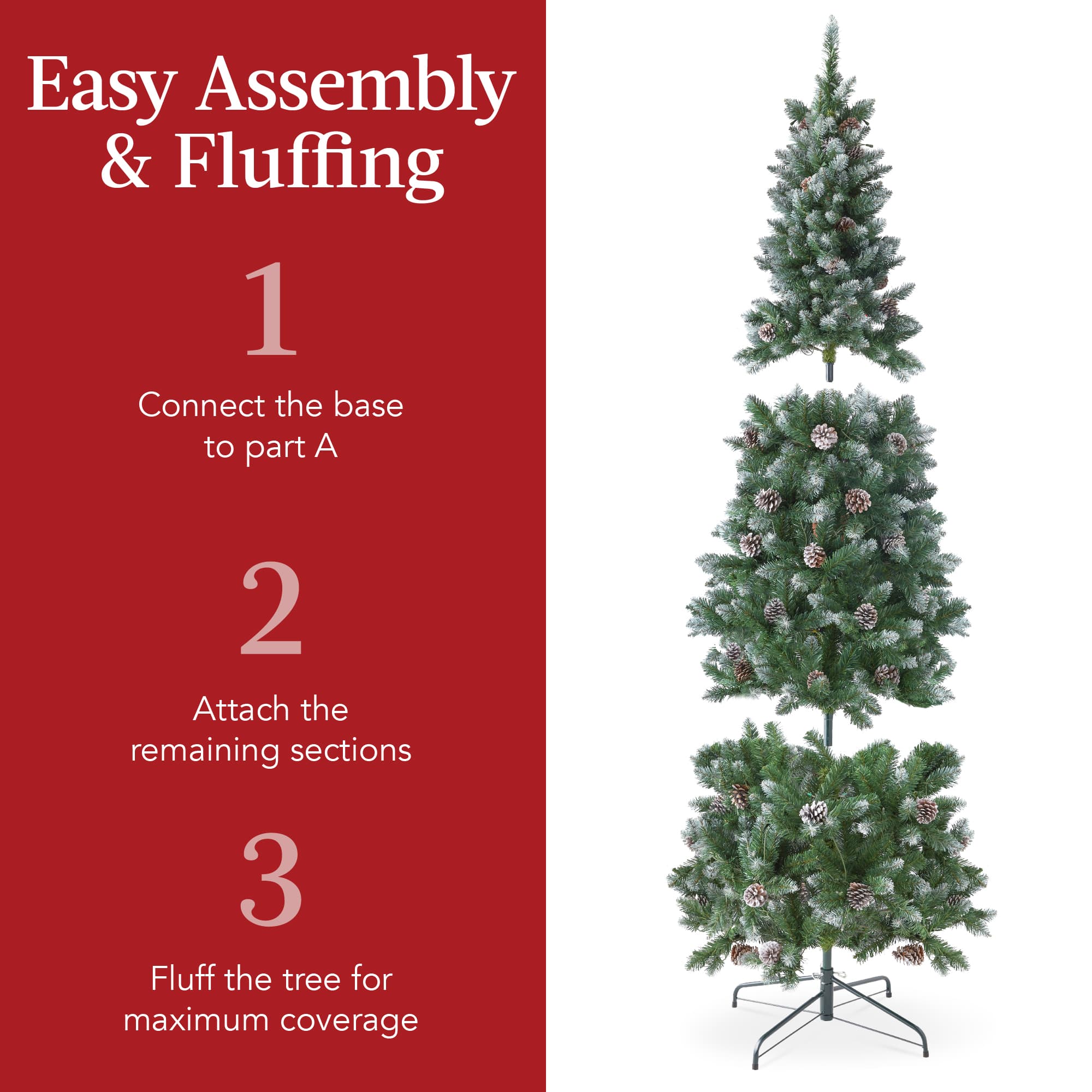 Best Choice Products Pre-Lit Partially Flocked Pencil Christmas Tree w/ Pine Cones Foldable Stand