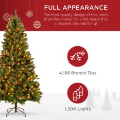 Best Choice Products 12ft Pre-Lit Pre-Decorated Holiday Spruce Christmas Pine Tree w/ 4188 Tips 1300 Lights Metal Base