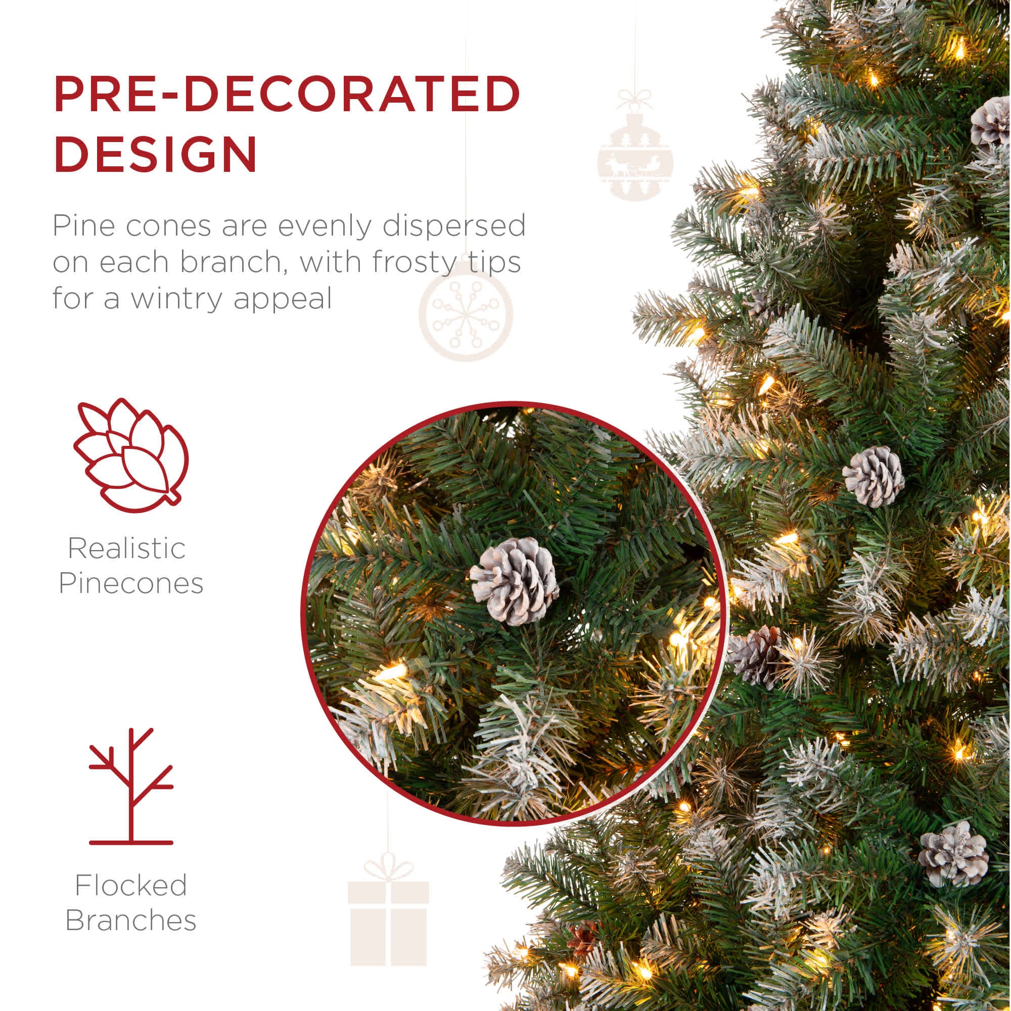Best Choice Products Pre-Lit Pre-Decorated Holiday Christmas Tree w/ Flocked Tips Lights Metal Base