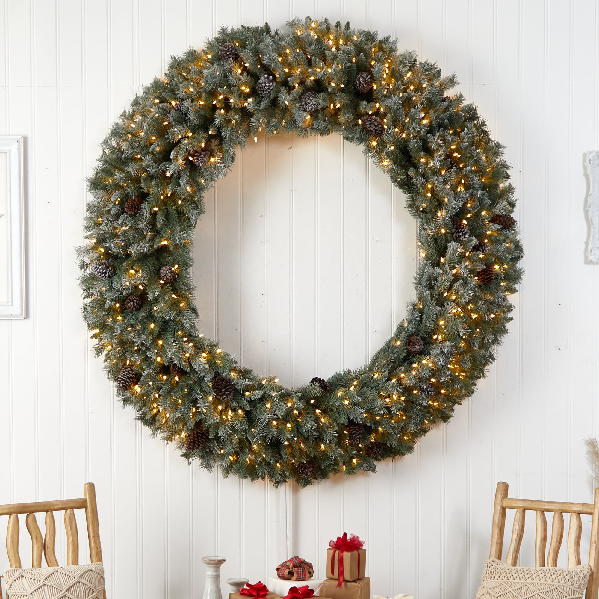 Nearly Natural 72-in Flocked Pre-lit Indoor Green Pine Artificial Christmas Wreath
