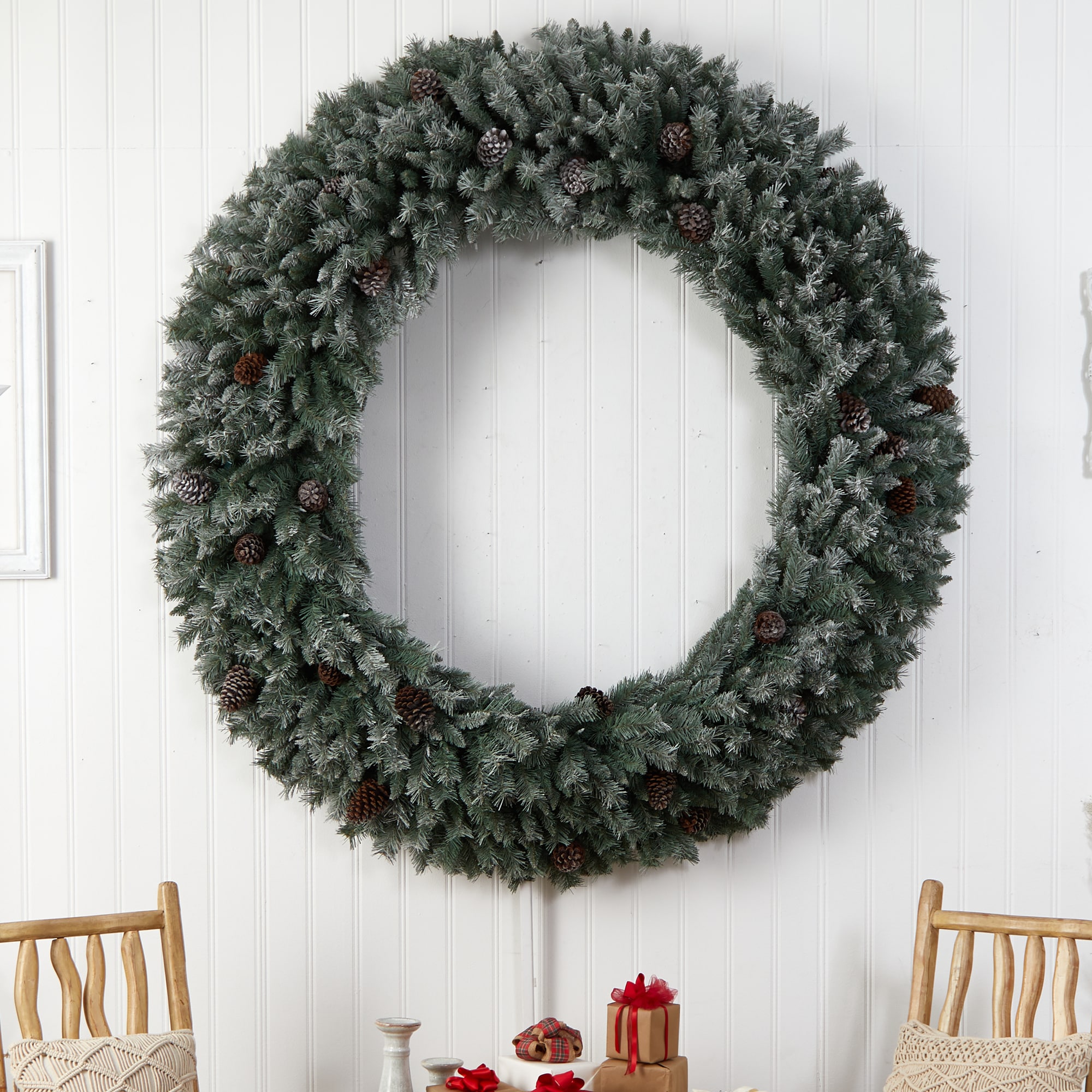 Nearly Natural 72-in Flocked Pre-lit Indoor Green Pine Artificial Christmas Wreath